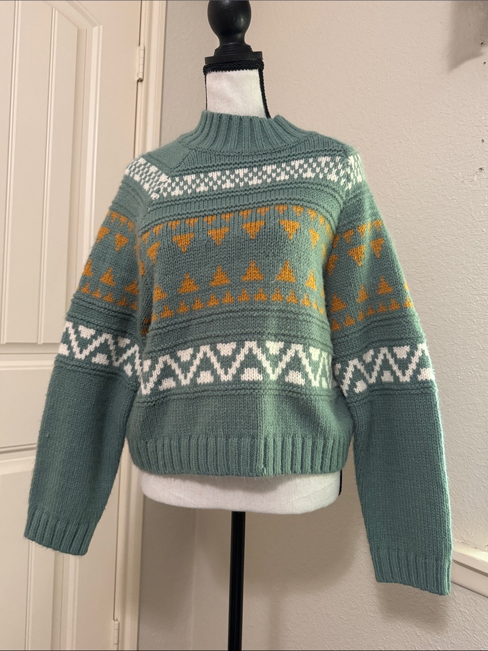 Universal Thread Green Patterned Cowlneck Sweater with Mustard and White Accents